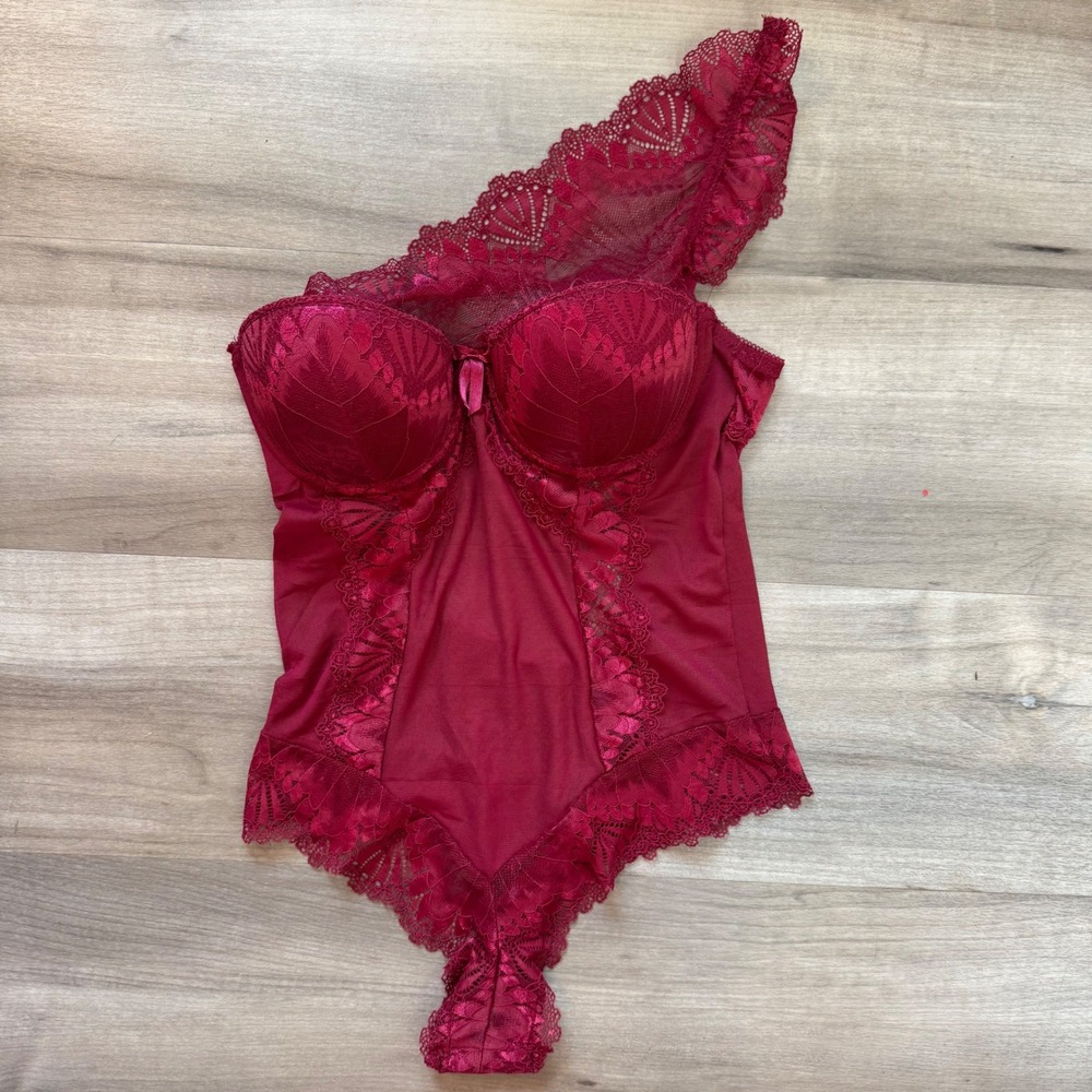 Fredericks of Hollywood Megan Fox Burgundy Red Lace One Shoulder Bodysuit Small